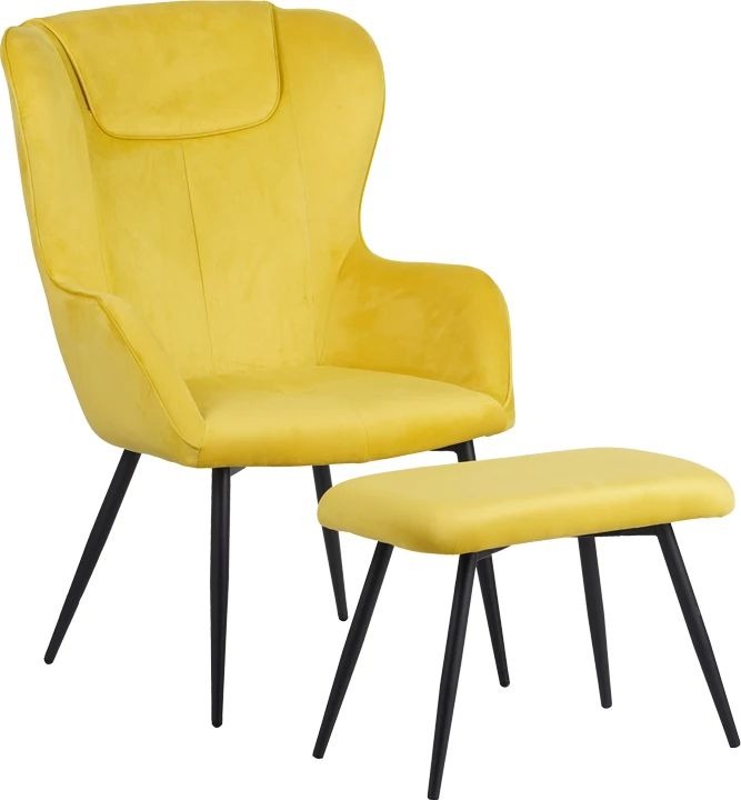 Karrige me mbështetëse për këmbë Rueda kadife ngjyrë e verdhë me këmbë metali të zezë 71.5x66.5x99cm