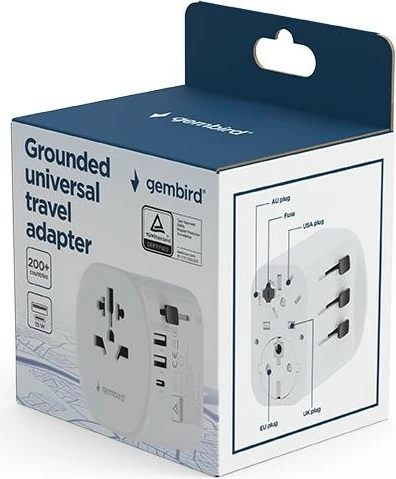 adapter udhëtimi universal me tokëzim, Gembird TPA-EU2A1C15-01-W, 15 W, 3x USB, i bardhë