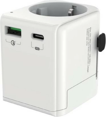adapter udhëtimi me tokëzim, Gembird, TPA-EU1A1C20-01-W, 20W GaN, USB-C PD + USB-A QC, prizë Schuko, e bardhë