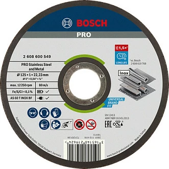 Disk prerës Bosch PRO Stainless Steel, 125mm, vrimë 22.23mm, trashësi 1mm, për inox/metal, i zi