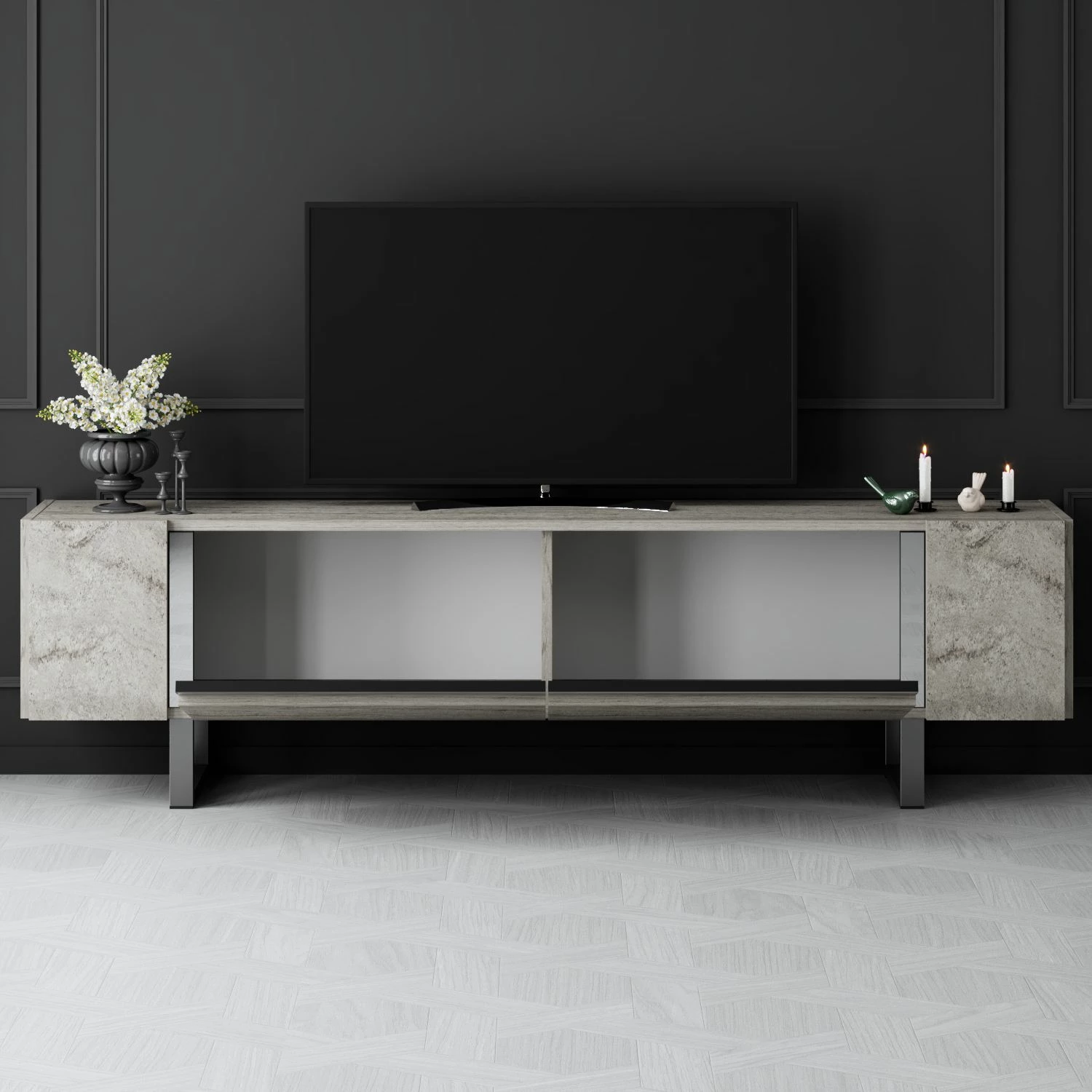 Komodë TV Hanah Home, Yildiz, travertin, argjend