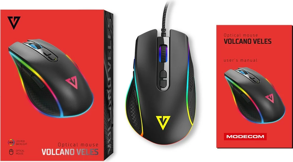 Maus MODECOM Volcano Veles M-MC-VELES-100, optik gaming, wired USB, 12800 DPI, 8 butona, RGB, i zi