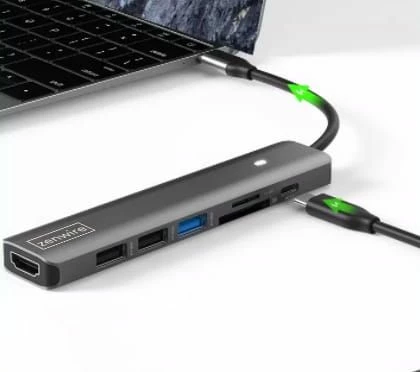 Adapter USB-C 7-në-1 Zenwire 0000000321 me HDMI, USB 3.0, 2x USB 2.0, lexues SD/microSD, Power Delivery, gri