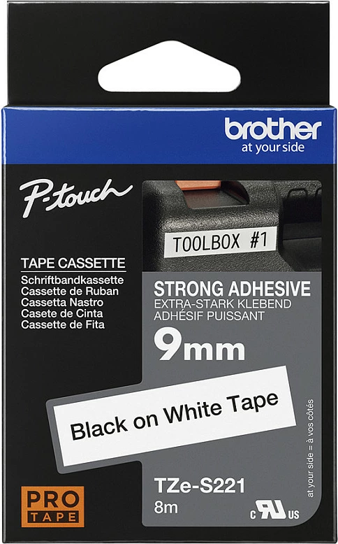 Shirit etikete Brother TZE-S221, 9mm x 8m, ngjitës ekstra i fortë, bardhë/zi