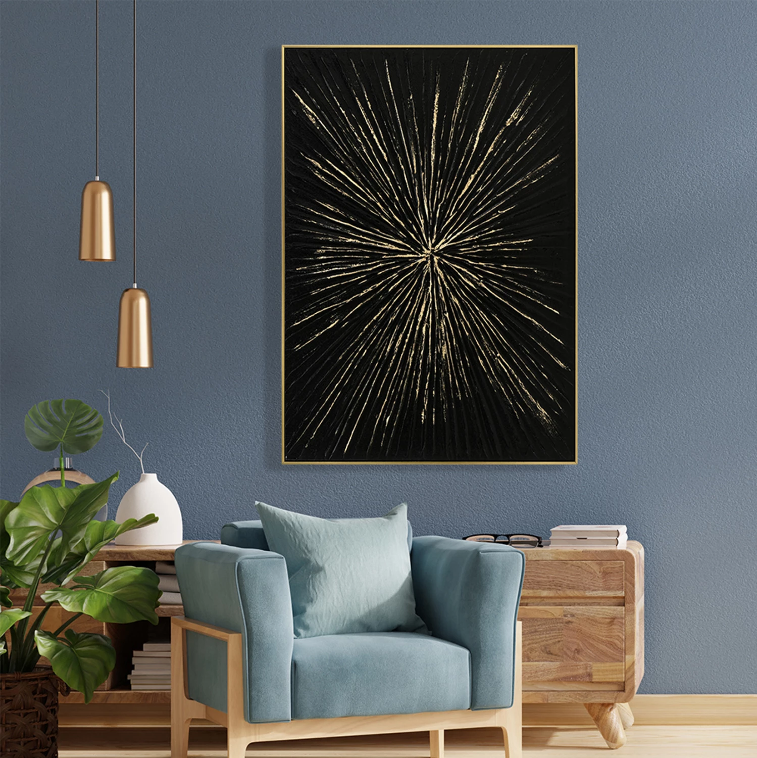 Pikturë muri FH4549 me kornizë PS ngjyrë bezhë, kanavacë e zezë, e punuar me dorë, 72x4.5x102 cm