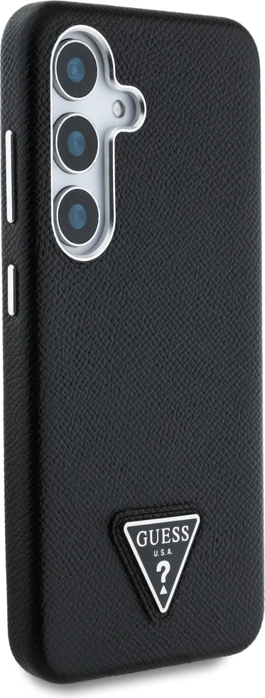 Mbështjellës Guess Grained Triangle Logo MagSafe për Samsung Galaxy S25, i zi