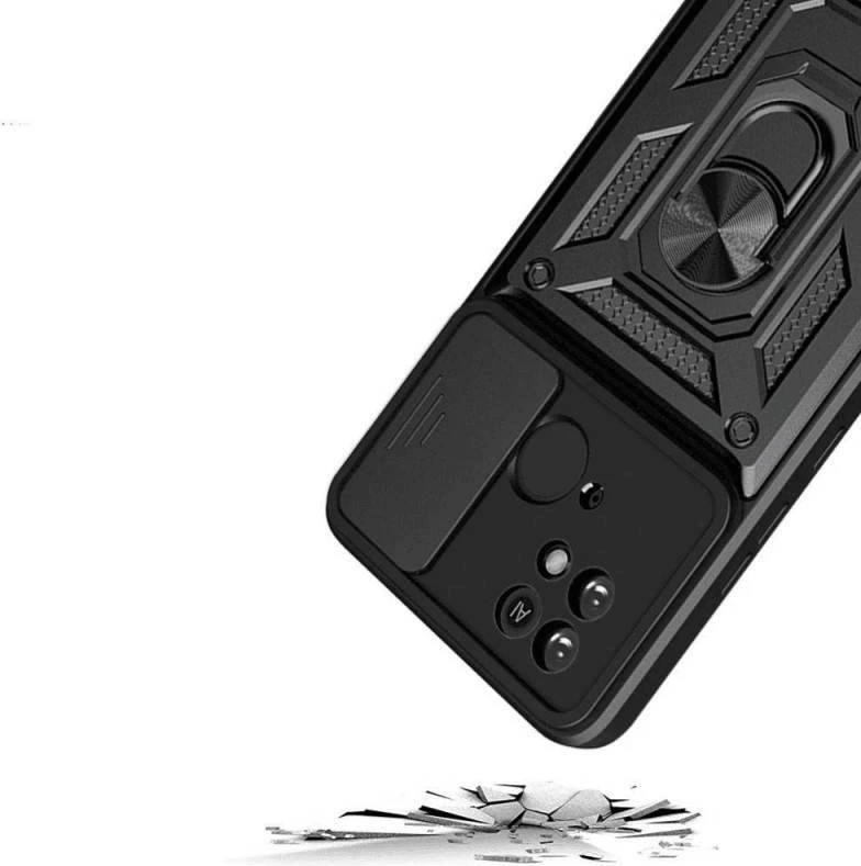 Mbështjellës silikonik armor me unazë për Celular Xiaomi Redmi 12C, ONASI 17342, me slider mbrojtës kamere, i zi