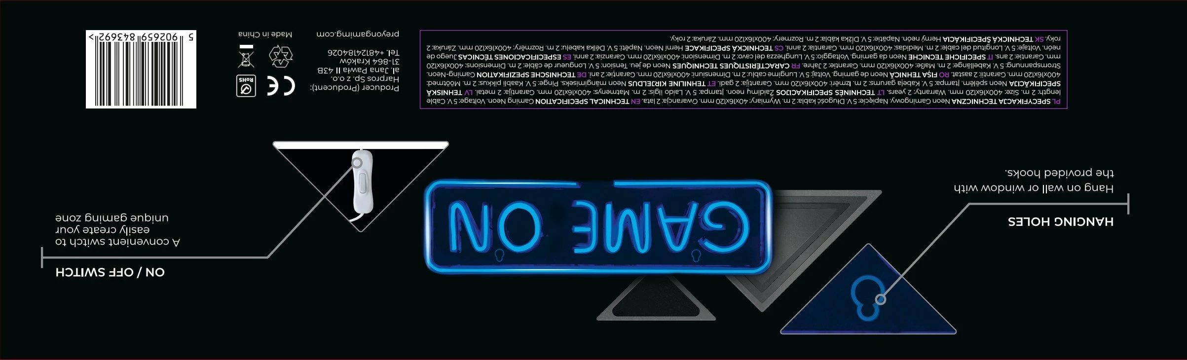 Dritë neon LED muri PREYON Blue Eye Bait "Game On" 40 x 12 cm, USB (PBEB12GO), blu