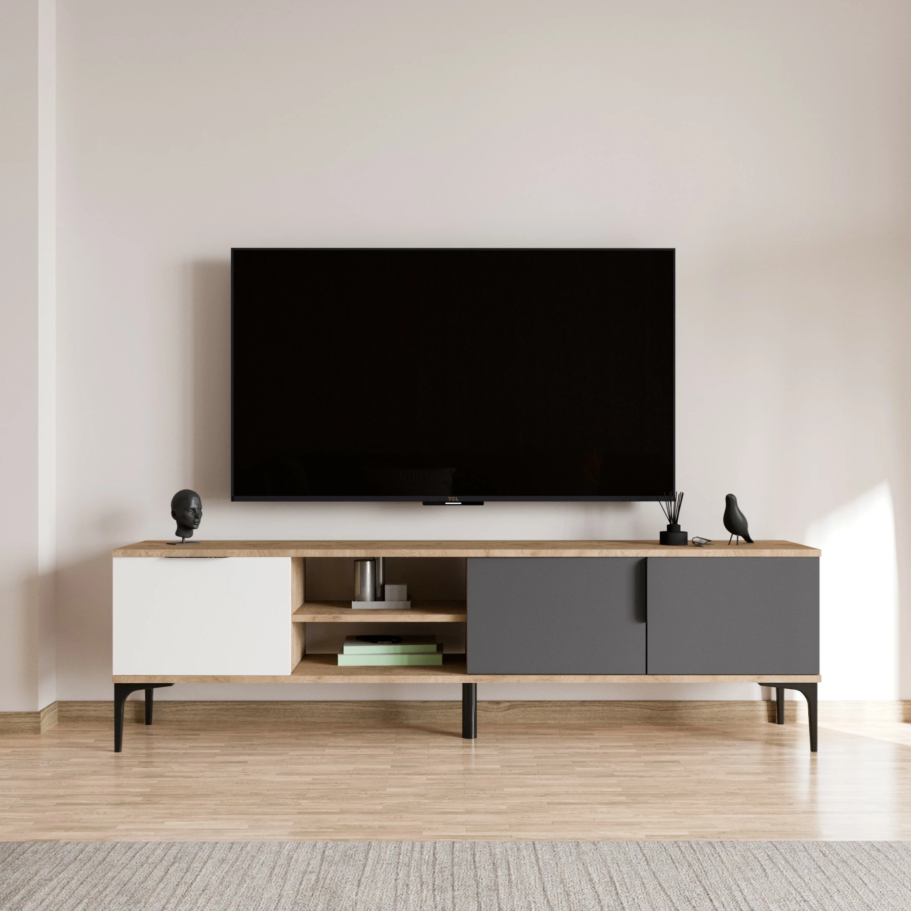 Komodë TV, ngjyrë e bardhë, antracit, lis, Skye Decor, Tarz