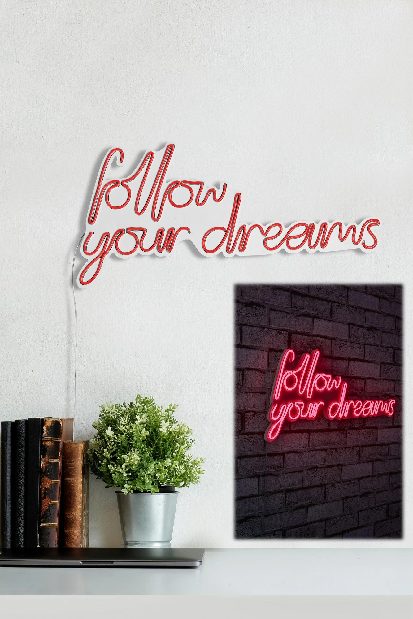 Dritë dekorative LED në mur, 'follow your dreams', plastikë, ngjyrë e kuqe