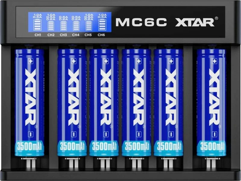 Karikues baterish XTAR MC6C, i zi, 6 vende
