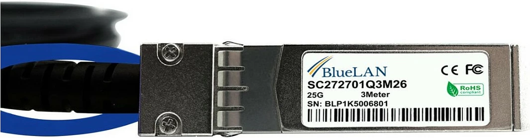 Kabllo DAC BlueOptics kompatibile HPE JL488A, SFP28-SFP28, 25 Gbit/s, 3 m, e zezë/argjendtë
