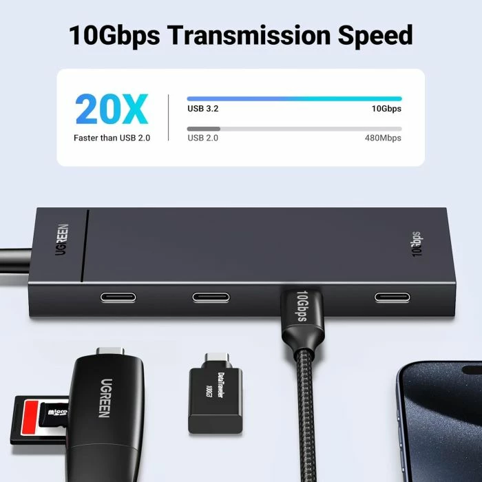 hub USB-C UGREEN 35584, 10Gbps, 4x USB-C 3.2, kabllo 30cm, gri e errët
