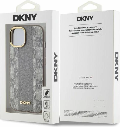 Mbështjellës DKNY Leather Checkered Mono Pattern MagSafe për iPhone 15, Bezhe