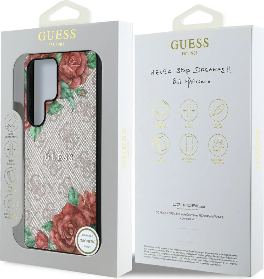 Mbështjellës Guess Leather 4G Flowers Print Metal Classic Logo MagSafe për Samsung Galaxy S25 Ultra, Rozë