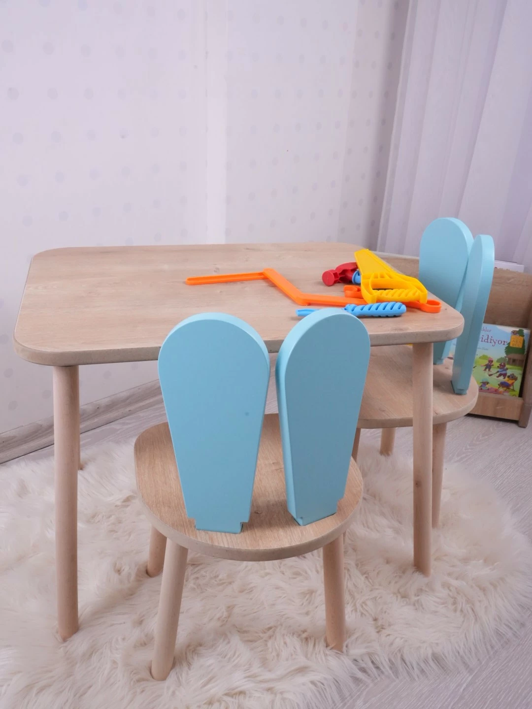Set tavoline me karrige për fëmijë, Hanah Home, Bunny, një karrige, ngjyrë baby blue dhe kafe