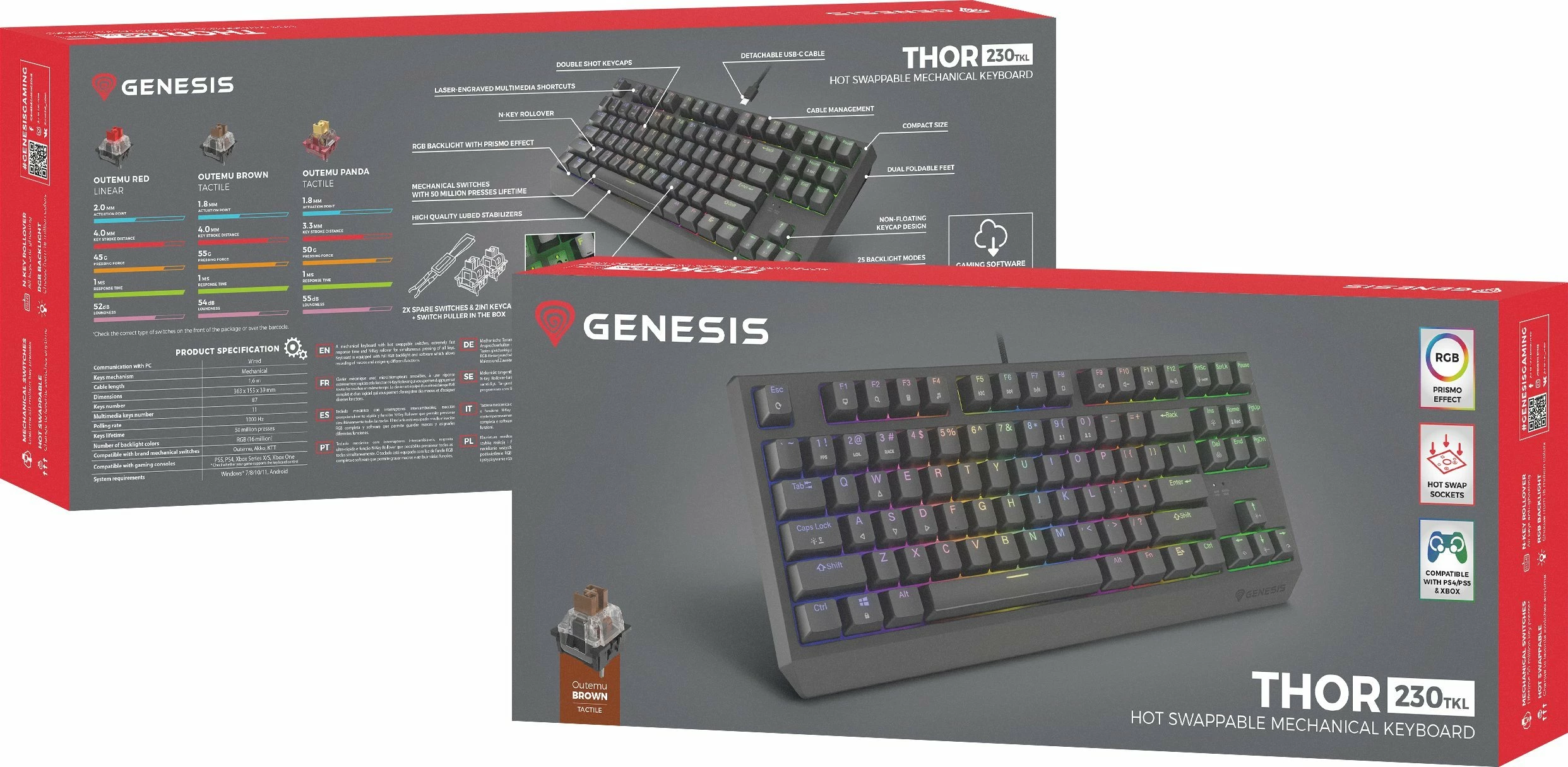 Tastierë mekanike gaming GENESIS Thor 230 TKL NKG-2079, Outemu Brown, RGB, USB, US layout, 80% TKL, e zezë