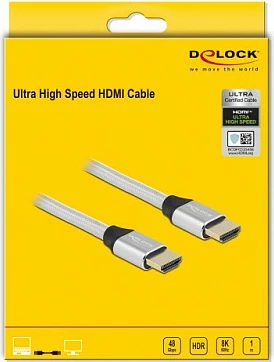 Kabllo HDMI DeLOCK Ultra High Speed 48 Gbps, 1 m, 8K 60 Hz, argjendtë