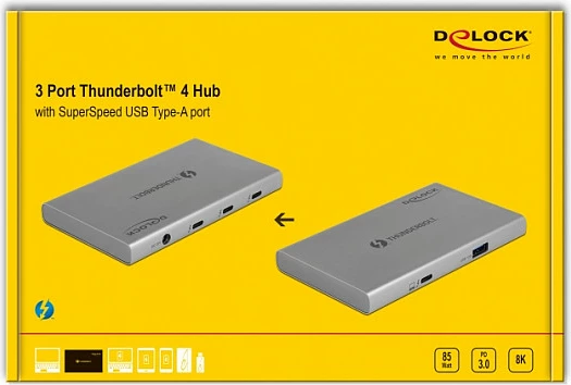 Hub Thunderbolt 4 DeLOCK, 3x Thunderbolt 4 + 1x USB-A 10Gbps, 85W PD, gri