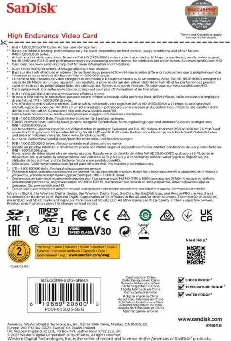 Kartelë memorje microSD SanDisk High Endurance SDSQQNR-512G-GN6IA 512GB Class 10 U3 V30, me adapter SD, bardhë/zi