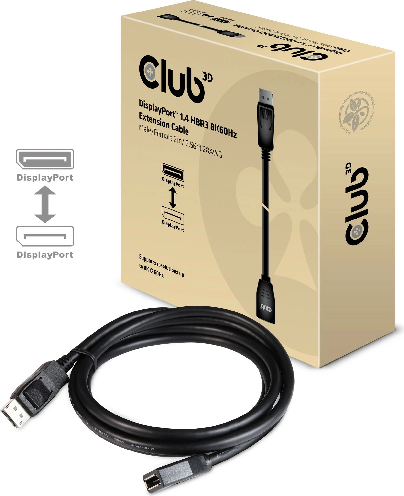 Kabllo DisplayPort Club3D 1.4, 2m, zgjatës, e zezë