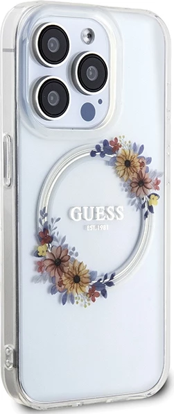 Mbështjellës Guess IML Flowers Wreath MagSafe për iPhone 15 Pro, Transparent