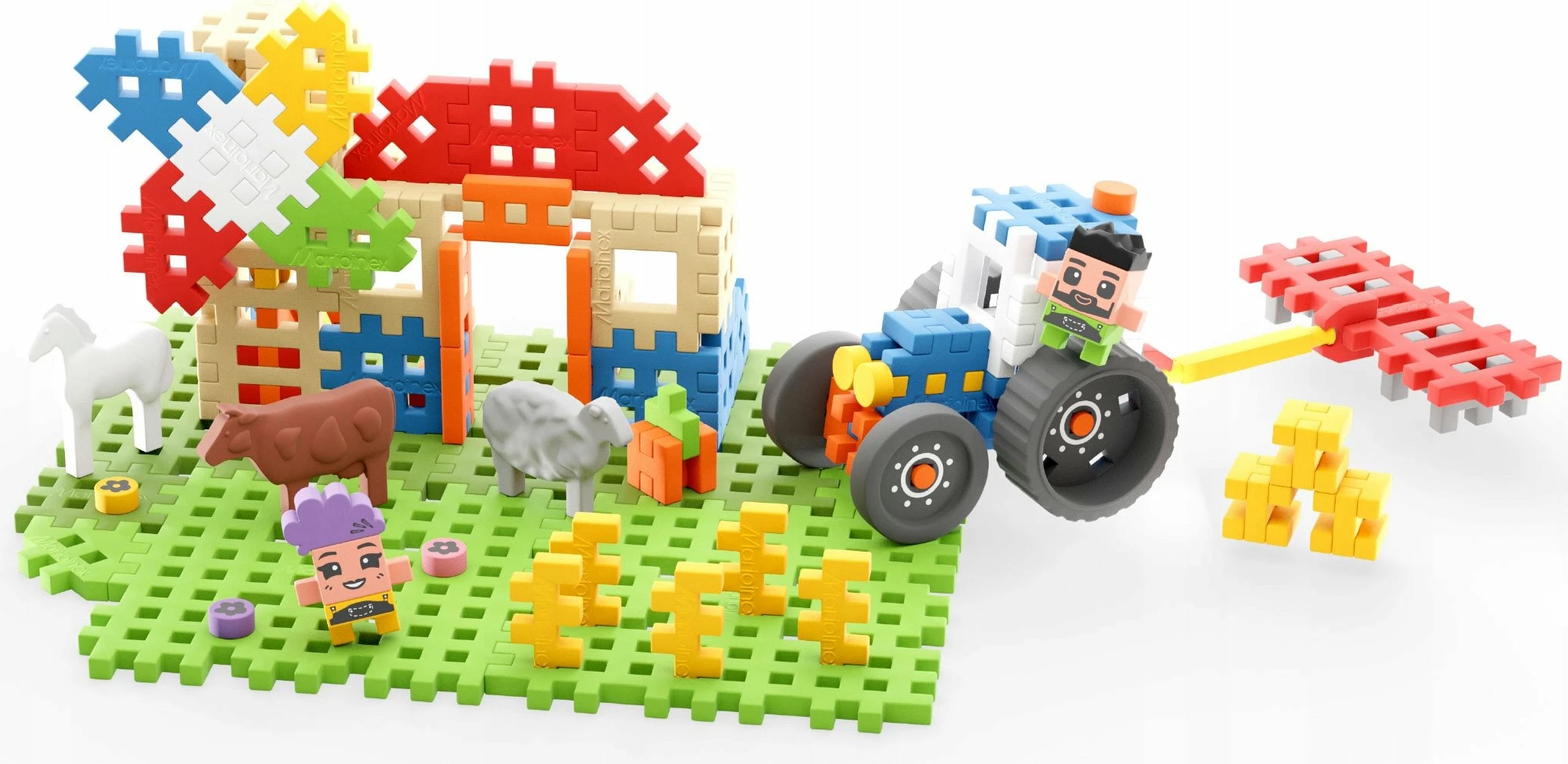 Blloqe ndërtimi waffle Marioinex Mini Waffle Farmer Twisted Mill 07559, 100 elemente, set me figurina