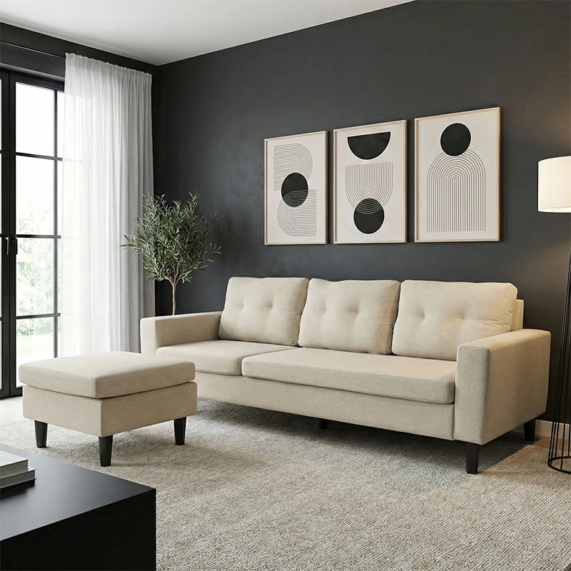 Këndore e kthyeshme Maneli, material bezhë-rërë, 196x138/77x82cm