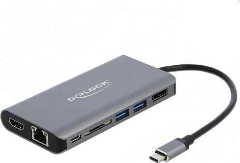 Docking station DeLOCK 87683, USB-C, HDMI + DisplayPort, RJ-45 Gigabit, SD, 100W PD, gri