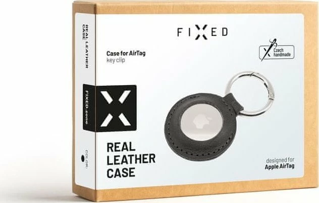 Mbështjellës me unazë çelësash për AirTag Fixed Real Leather Case FIXWAT-C2, lëkurë lope, i zi