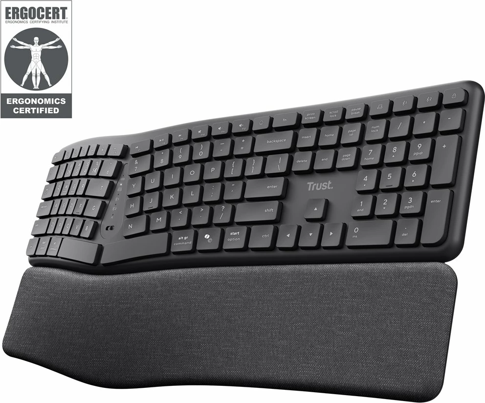 Tastierë Trust Keyra ergonomike, wireless, full-size, QWERTY, e zezë