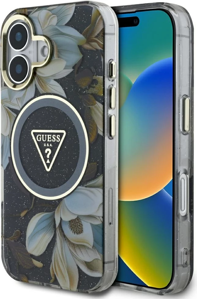 Mbështjellës Guess Glitter Flowers Triangle Buttons MagSafe për iPhone 16, i zi