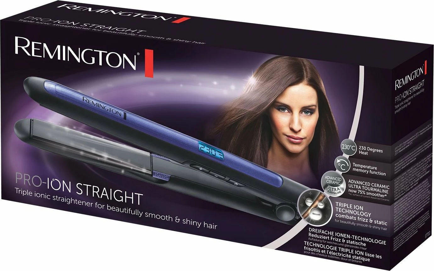 Drejtues flokësh Remington Pro Ion S7710, 230°C, jonizim, ekran digjital, veshje turmalinë-keramike, vjollcë, me çantë termorezistente
