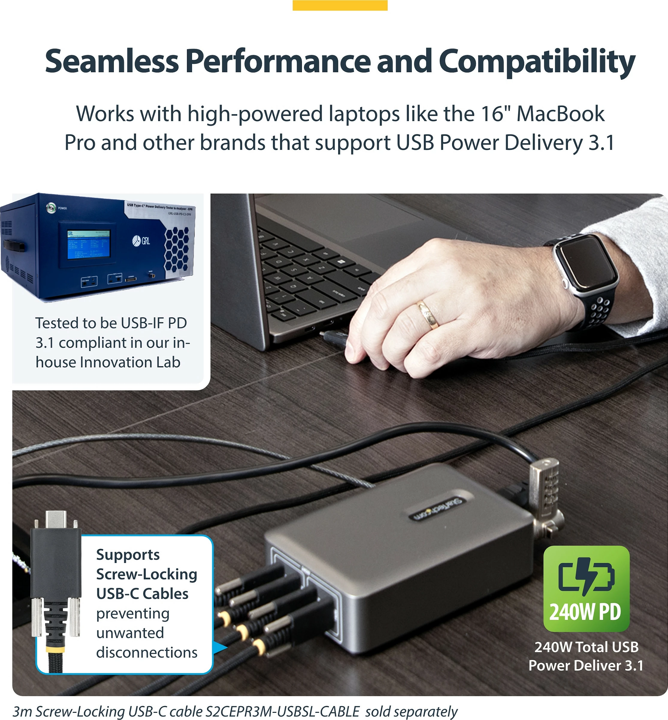 Karikues USB-C StarTech 4-Port 240W PD 3.1 GaN, 140W EPR, 1.8 m, gri