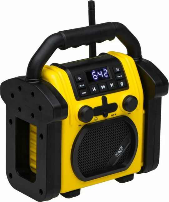 Radio portative ADLER AD1911, Bluetooth 5.1, FM, 10 W, IPX54, AUX, furnizim me rrymë ose 6x R14, verdhë/zezë