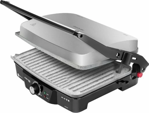 Grill elektrik Cecotec Rock'nGrill 2000 2000W, pllaka të heqshme, hapje 180°, zi/argjendtë
