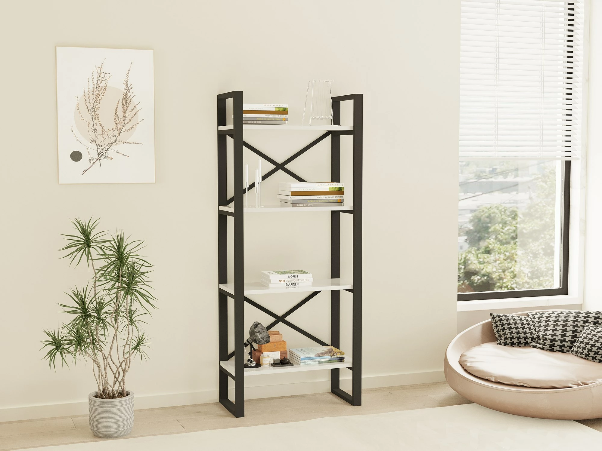 Raft librash Hanah Home, Alaro modern, bardhë e zi, 66x150x32cm