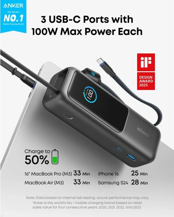 Powerbank Anker A1695H11 25000 mAh 165W me kabllo USB-C të integrume, e zezë