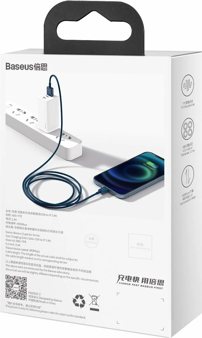 Kabllo Baseus CALYS-A03 USB në Lightning, 1m, Blu