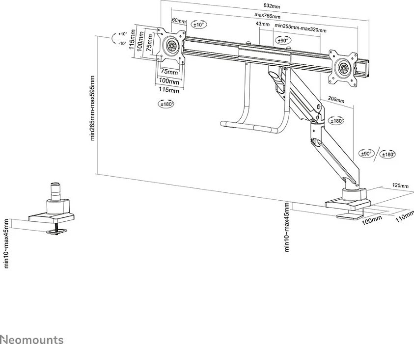 Mbajtëse tavoline për 2 monitorë Neomounts NM-D775DXWHITE, deri 32", VESA 75x75/100x100, e bardhë