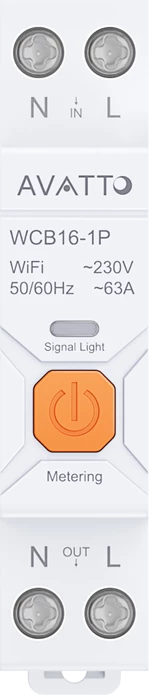 Siguresë inteligente Wi‑Fi me matje energjie, Avatto WCB16-1P, deri 63A, 90–240V AC, Wi‑Fi 2.4GHz, Tuya Smart Life, montim në shinë DIN 1P