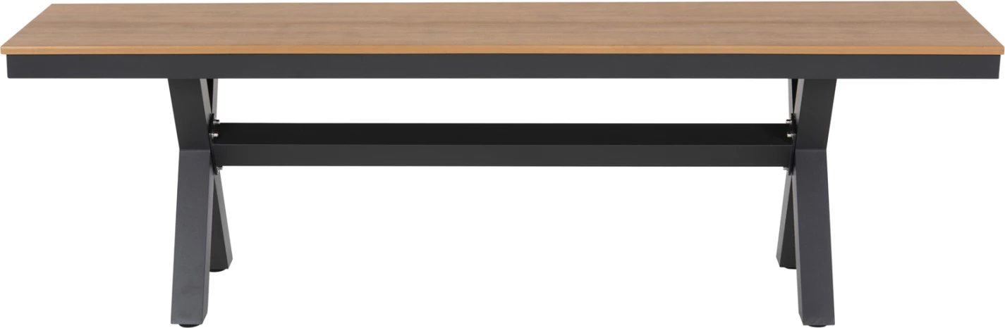 Stol alumini për jashtë, ngjyrë antracit, FH6038.01, me sipërfaqe tavoline polivudi, ngjyrë druri natyral, 150x36x45H cm