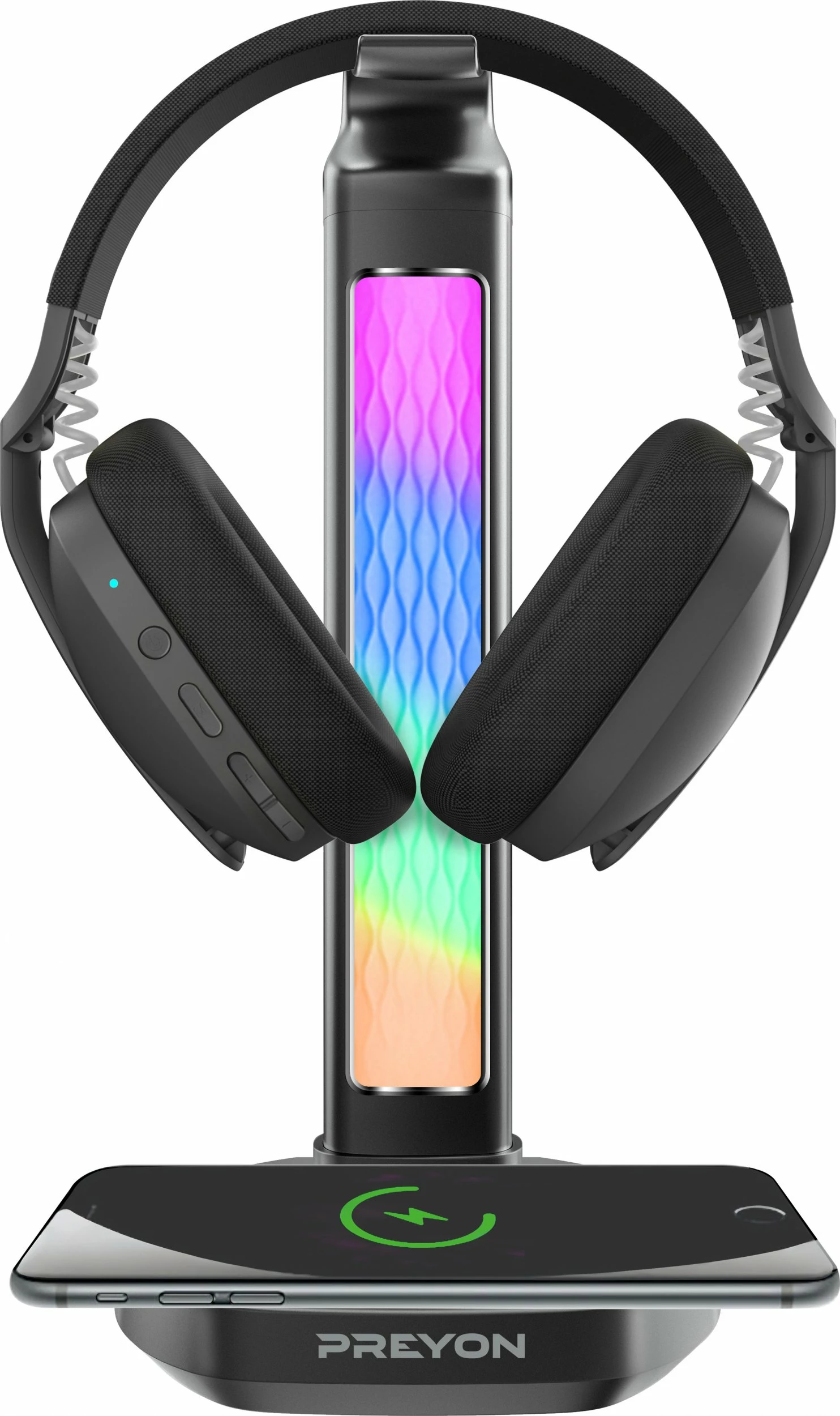 Mbajtëse kufjesh PREYON Heron Beak PHB41B, RGB, karikues pa kabllo, USB hub, e zezë