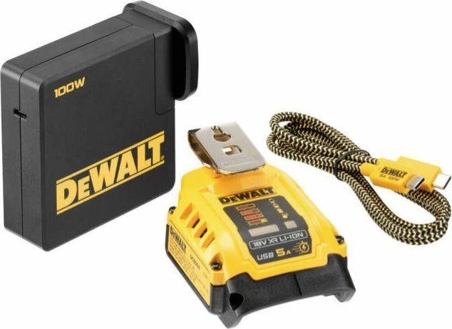 Adapter + furnizues energjie DeWalt DCB094K për bateri XR 18V/FlexVolt 18/54V, USB-C 5-20V 5A, USB-A 5V 2.4A, set me kabllo USB-C