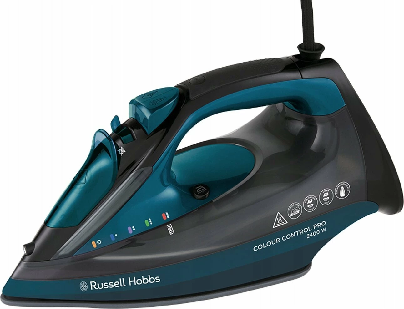 Hekur Russell Hobbs 27280-56 2400W, shpërthim avulli 185 g/min, avull i vazhdueshëm 45 g/min, pllakë qeramike, rezervuar 380 ml, Color Control, turkez/zi