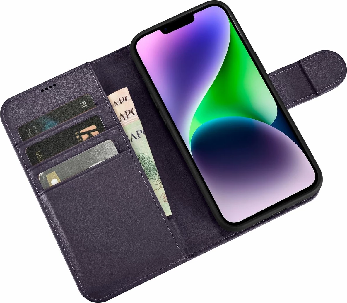 Mbështjellës iCarer Wallet Case 2in1 për iPhone 14 Plus, lëkurë natyrale, Anti-RFID, Vjollcë e errët