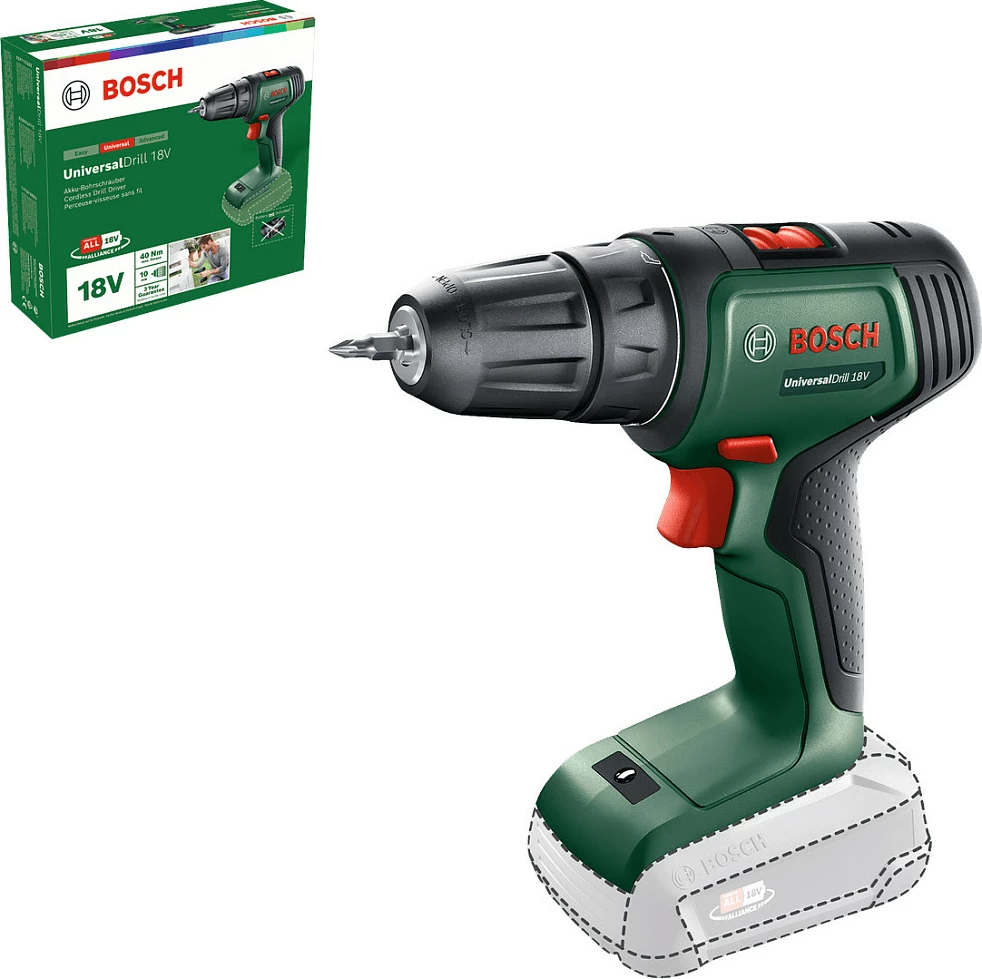 Trapan me bateri Bosch UniversalDrill 18V, 40 Nm, 2 shpejtësi, pa bateri/karikues, zi/gjelbër