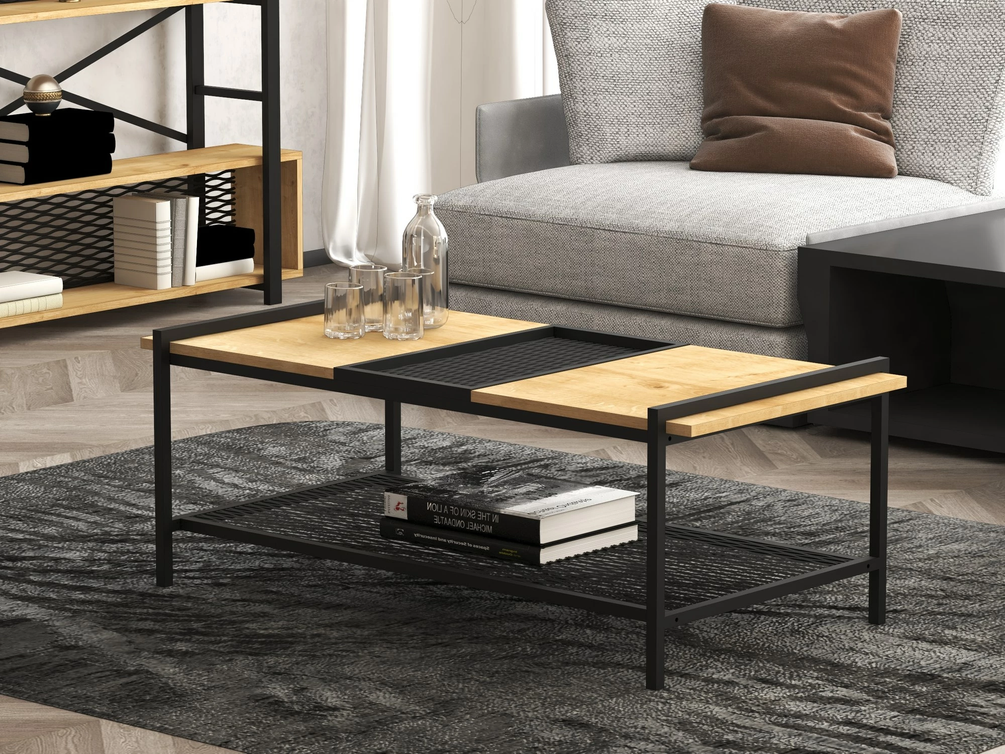 Tavolinë e ulët Skye Decor, ngjyrë arrë dhe e zezë, 120x45x56cm