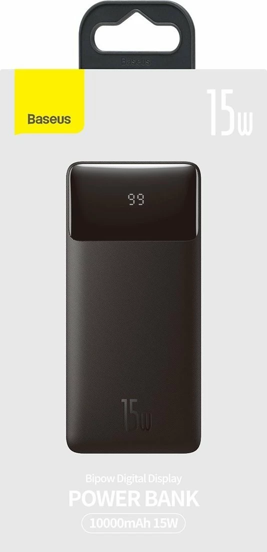 Powerbank Baseus Bipow 10000mAh 15W me ekran digjital, e zezë, me kabllo MicroUSB/USB-A