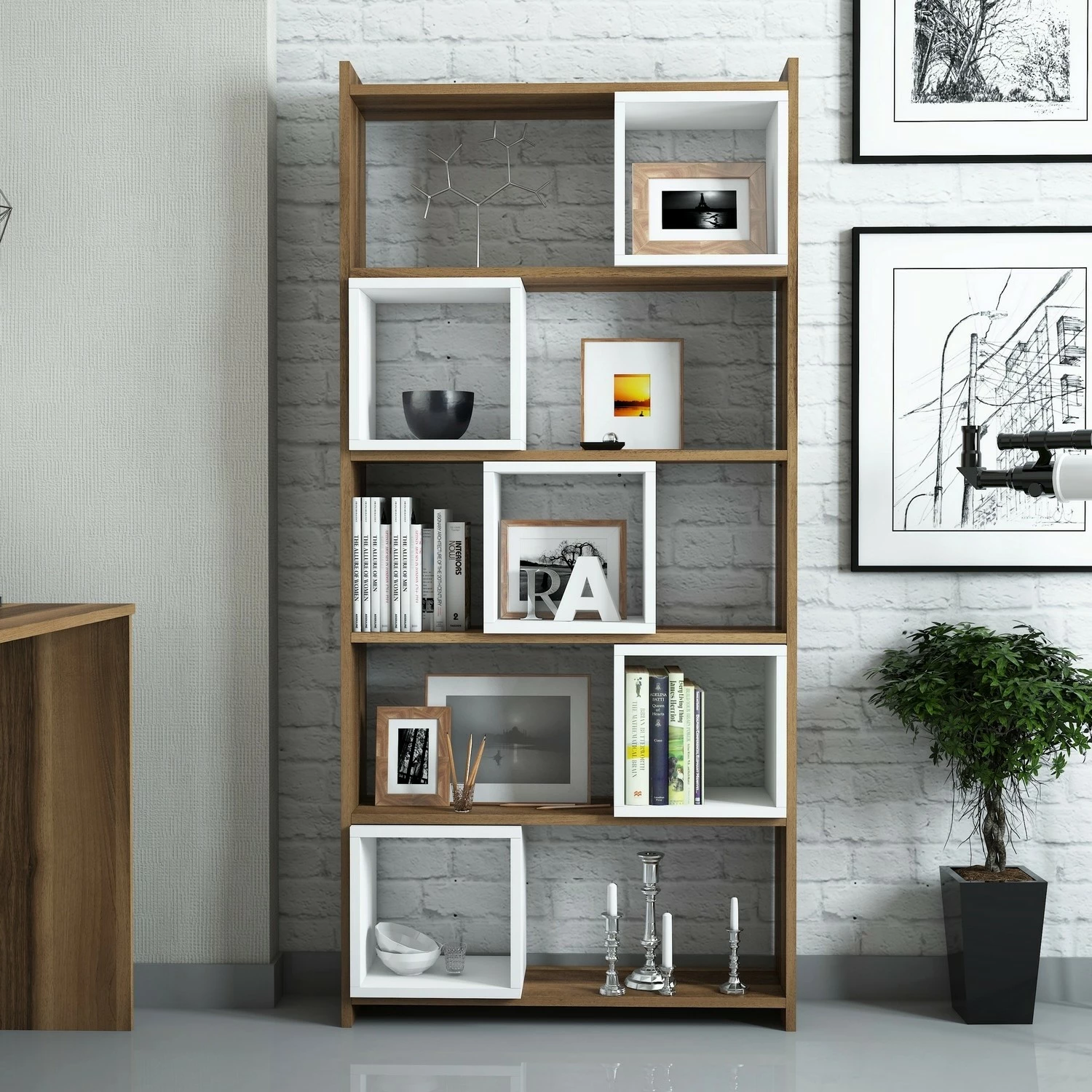 Raft librash Hanah Home, Box, ngjyrë arrë dhe e bardhë